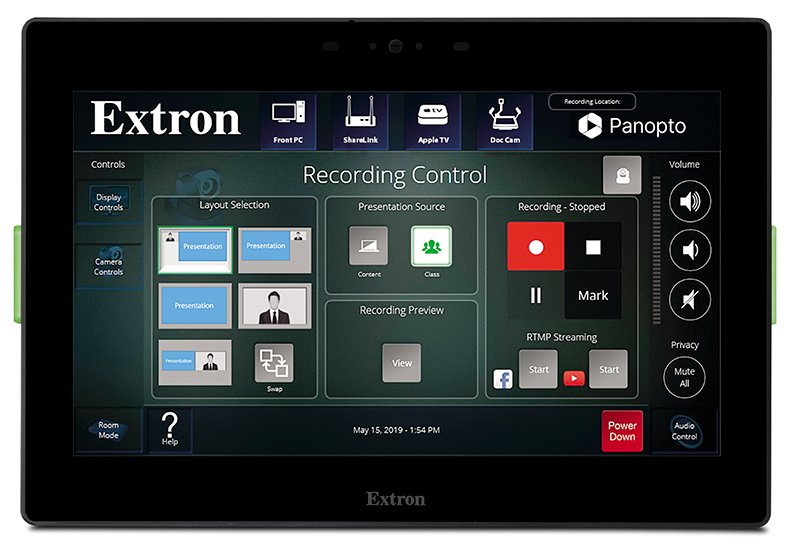 The Extron Panopto Integration allows for scheduling directly with Extron Room Control Solutions