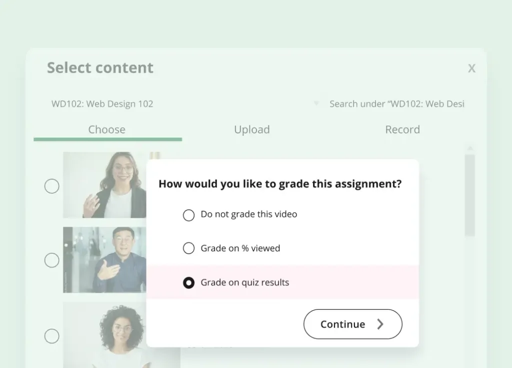 Content selection. Choose how you would like to grade this assignment. Choose from: do not grade this video, Grade on % viewed or Grade on quiz results.